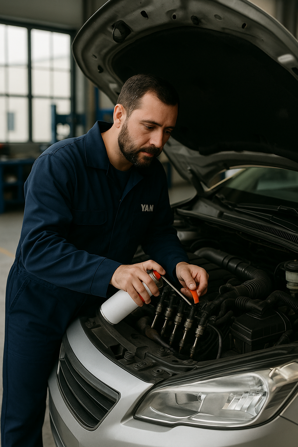 Un mécanicien en combinaison bleue vaporise du produit blanc sur le moteur, capot ouvert dans un garage.