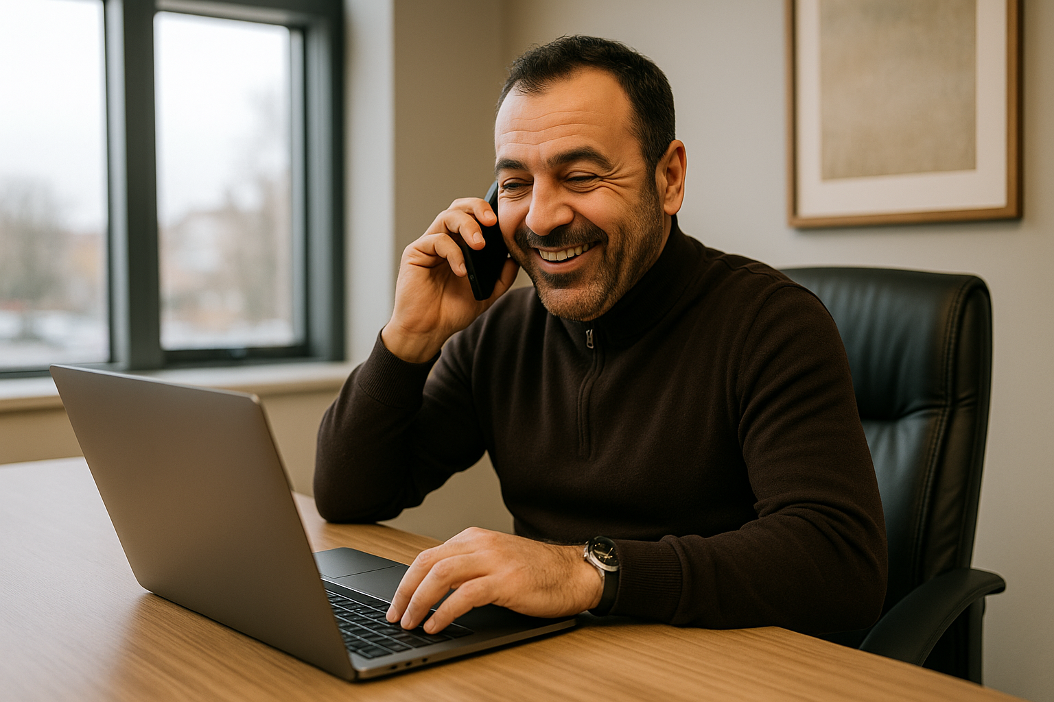 Un homme assis à son bureau, souriant tout en étant au téléphone et en utilisant son ordinateur portable, dans un environnement de bureau.