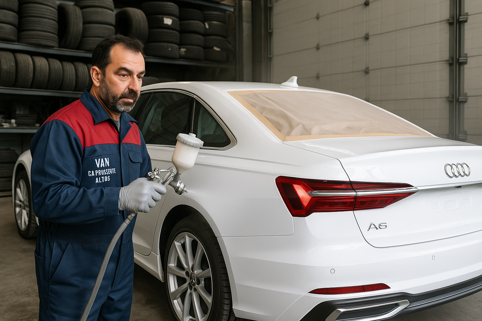 Un mécanicien peint une Audi blanche dans un garage à l'aide d'un pistolet à peinture, vêtu d'une combinaison bleue et rouge.