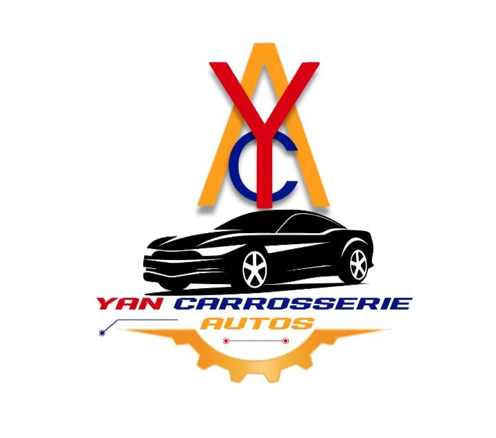 Logo : Voiture noire, Y rouge, A jaune, C bleu ; texte : « YAN CARROSSERIE AUTOS », roue dentée orange.