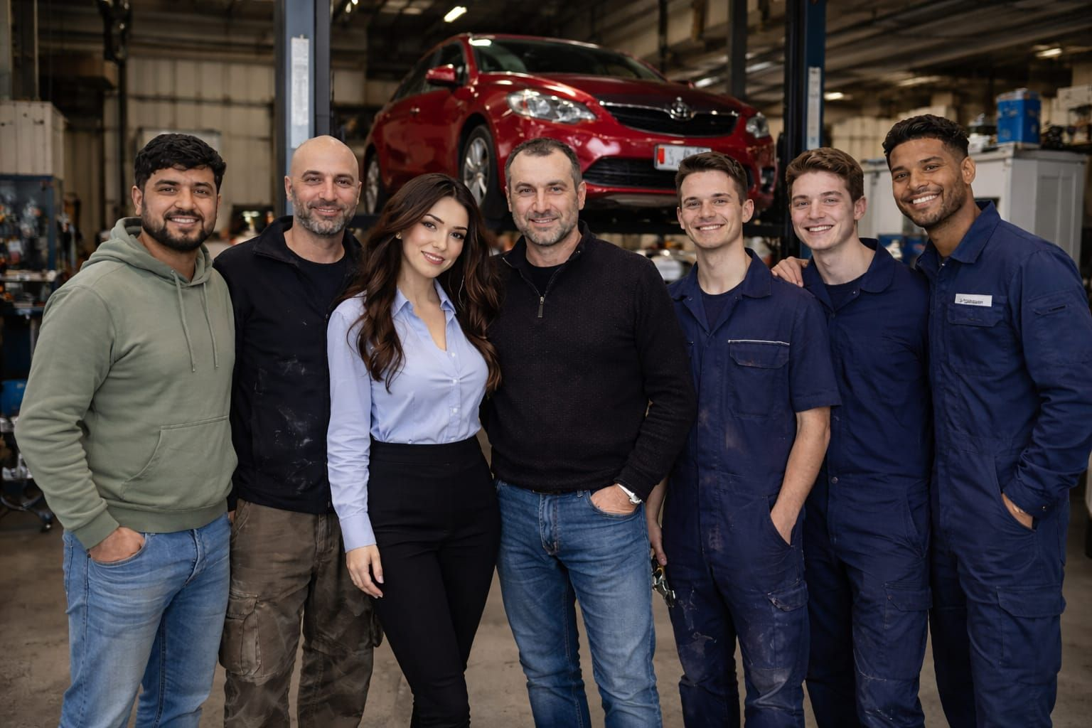 Groupe de personnes posant dans un atelier de réparation automobile avec une voiture sur un pont élévateur.