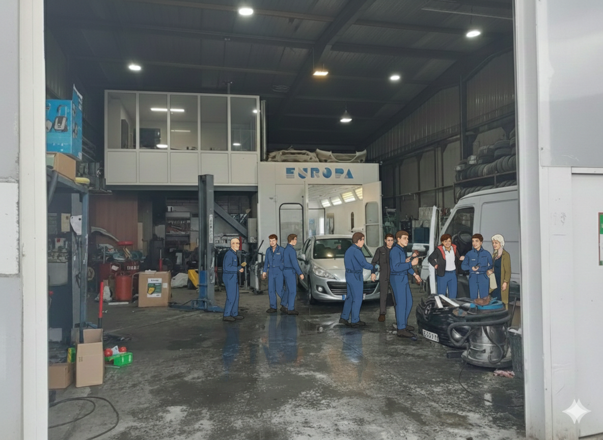 Des personnes en salopettes bleues travaillent dans un garage. Une voiture est en cours de réparation.