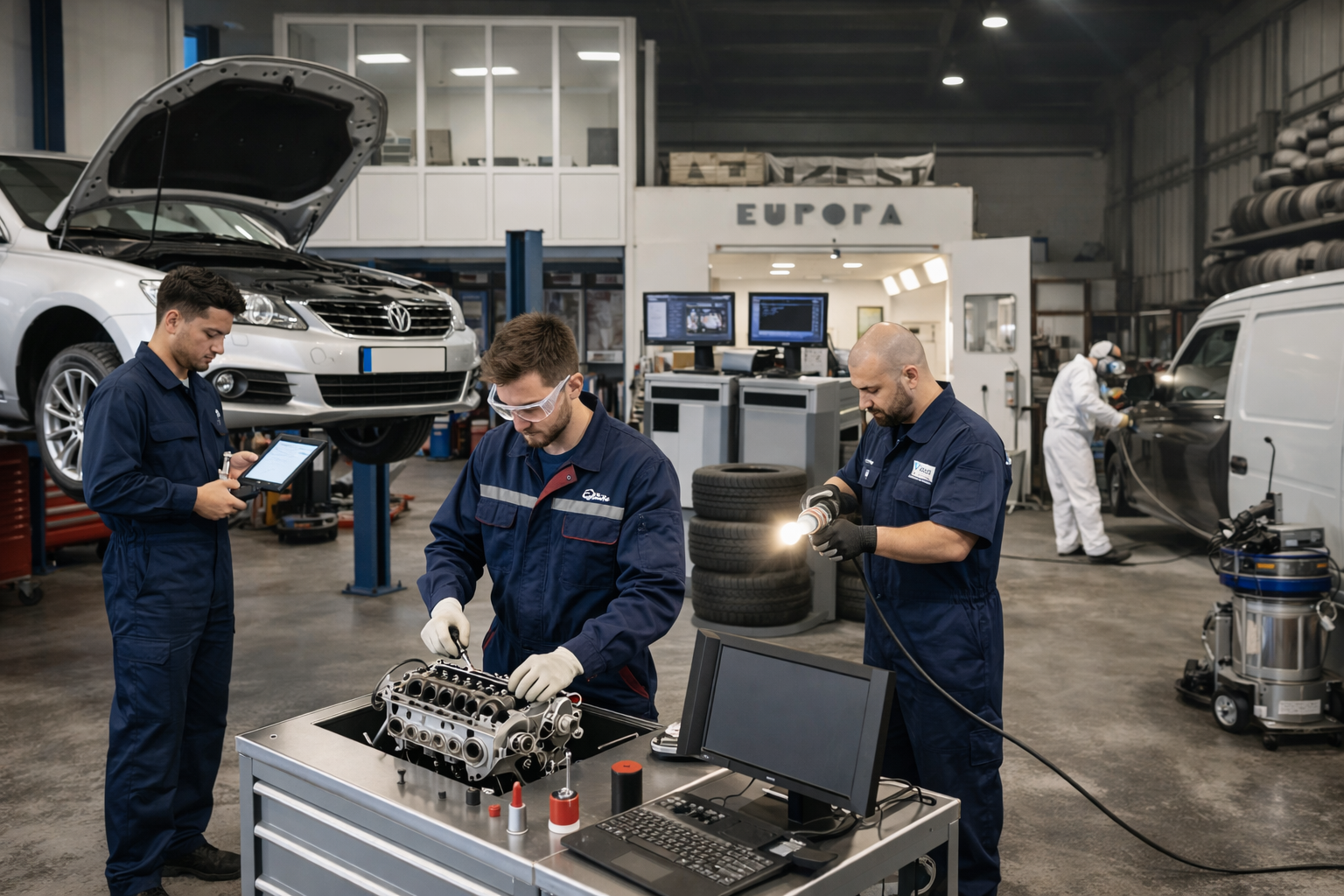 Mécaniciens en combinaison bleue réparant un moteur dans un garage équipé et lumineux.