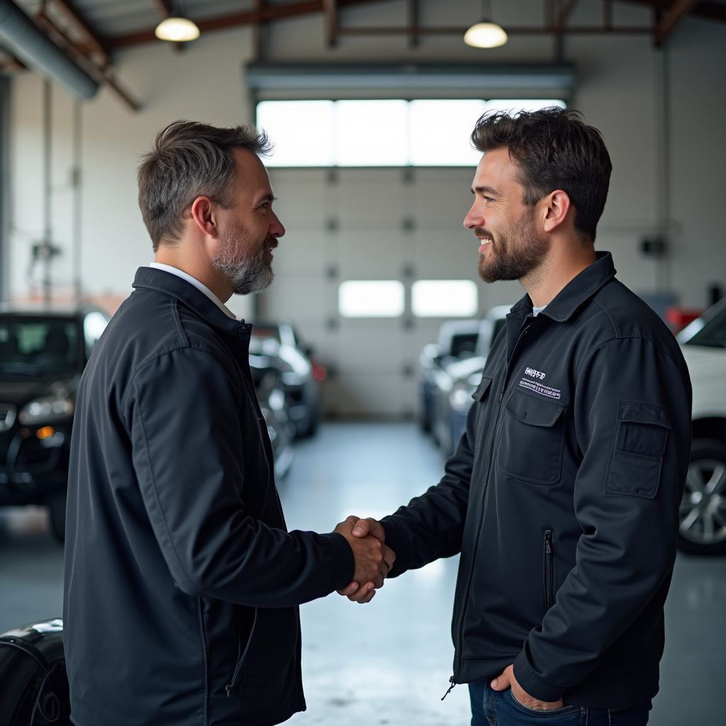 Deux hommes se serrent la main dans un garage. Ils portent tous deux des vestes noires et sourient. Des voitures sont visibles en arrière-plan.