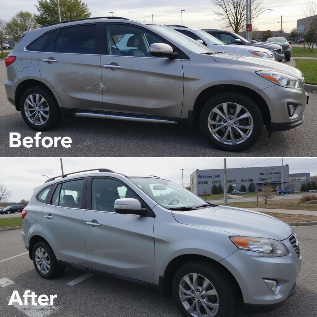 Avant et après réparation d'un SUV argenté. La photo d'avant montre des bosses et des dommages, celle d'après semble avoir été réparée.