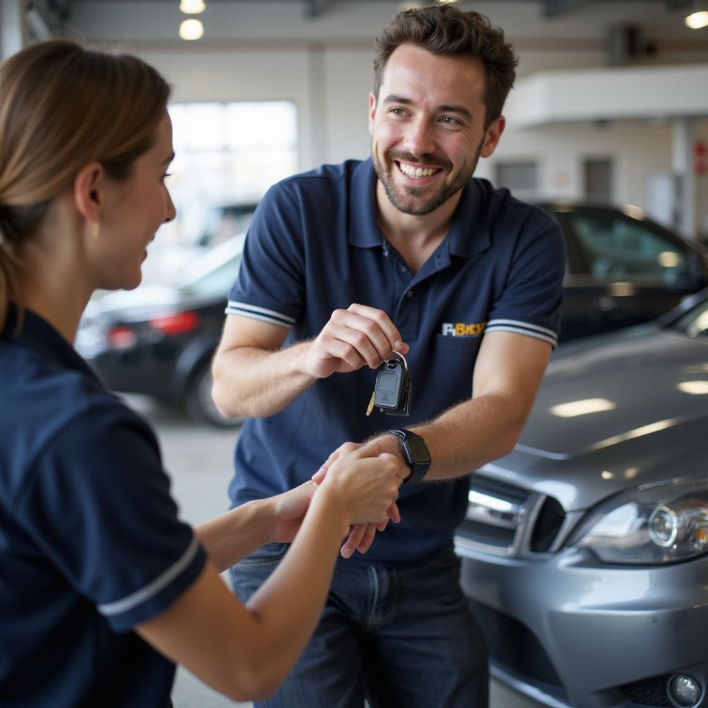 Un homme remet les clés d'une voiture à une femme, tous deux souriants, dans une concession automobile.