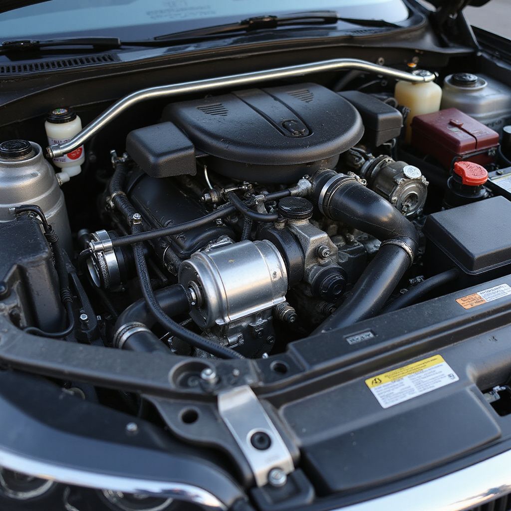 Gros plan sur le compartiment moteur d'une voiture, montrant divers composants, notamment une entretoise argentée et des pièces de moteur noires.