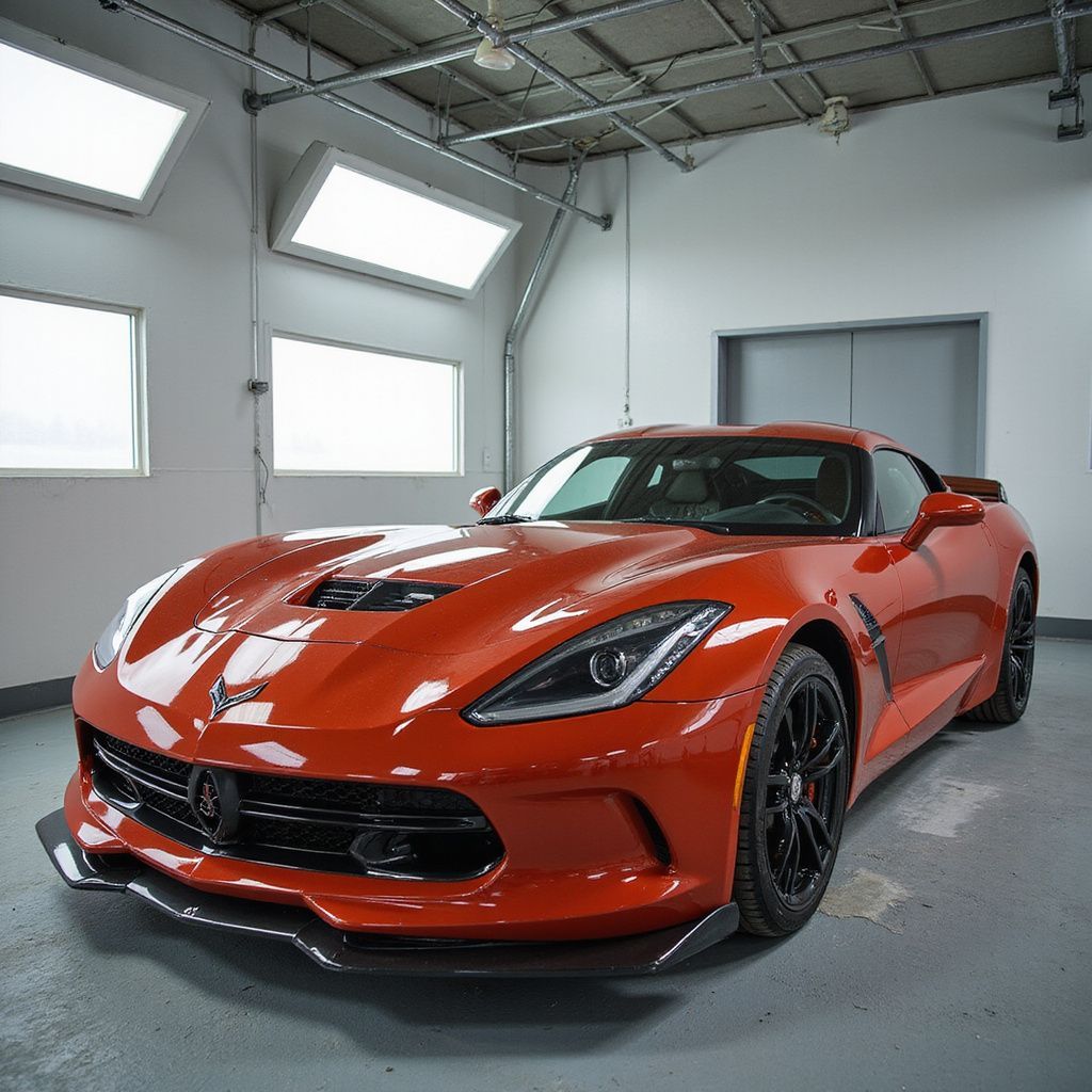 Voiture de sport orange vif dans un garage avec des touches de noir.