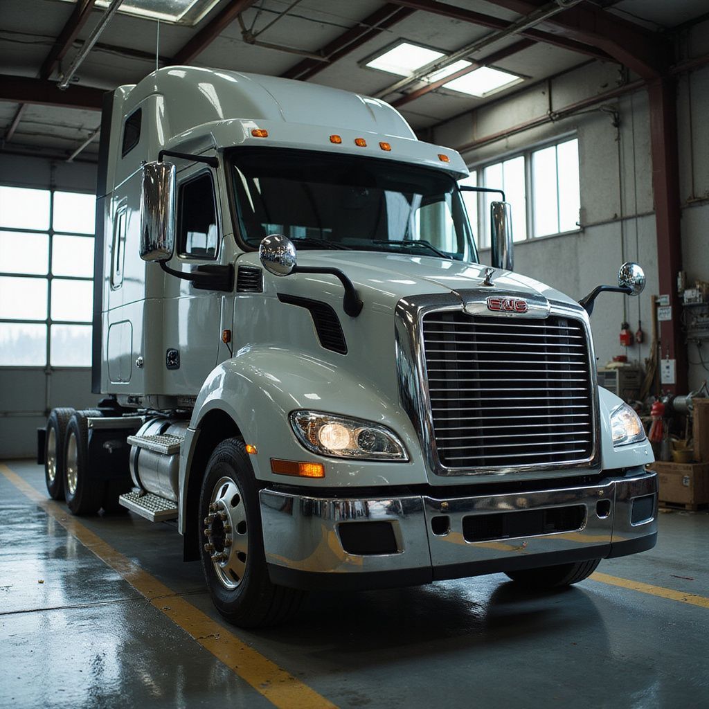 Semi-remorque blanche garée dans un garage ; calandre et pare-chocs chromés ; environnement industriel.