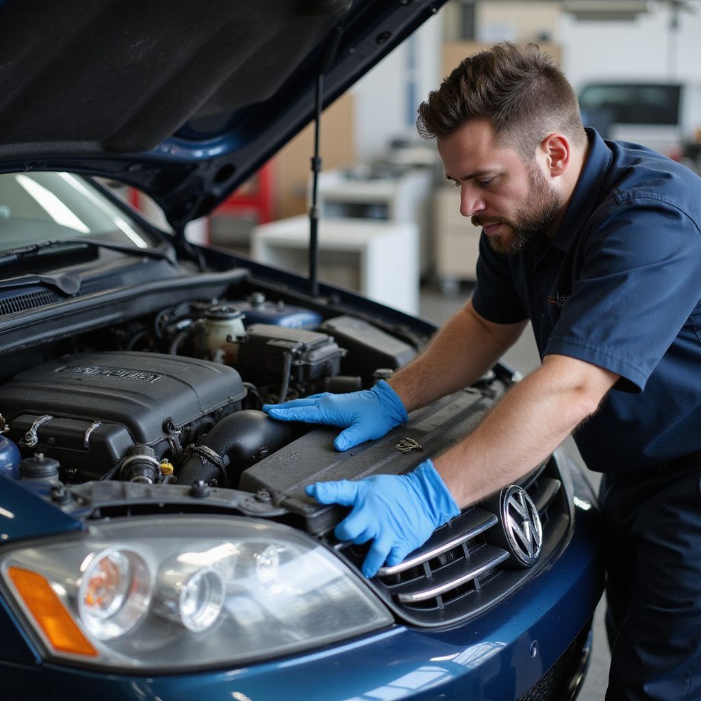 Un mécanicien inspecte le moteur d'une voiture, portant des gants bleus, dans un garage.