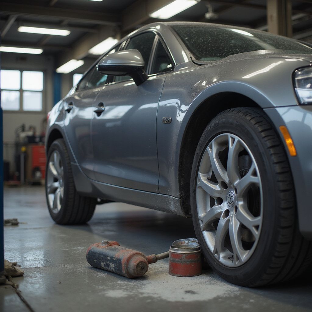 Voiture grise dans un atelier de réparation, outils au sol ; gros plan sur la roue avant.