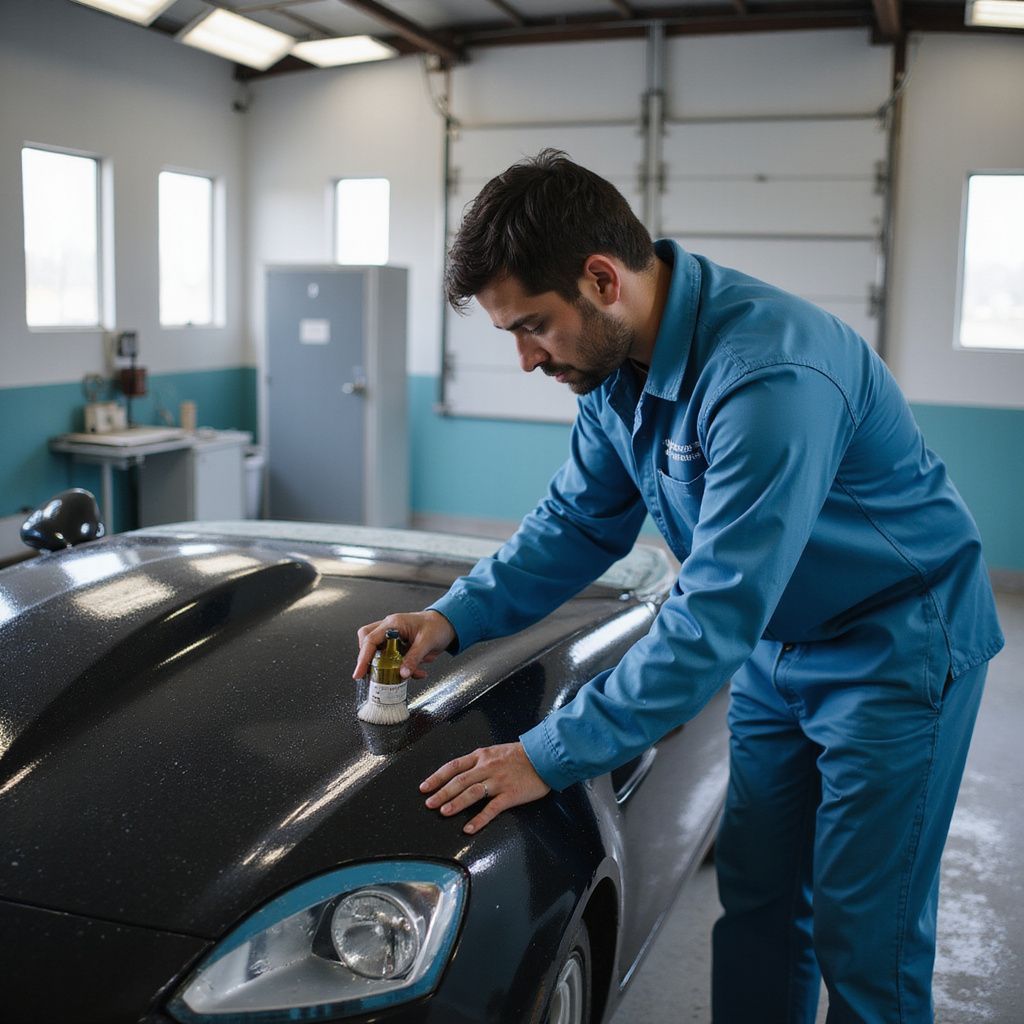 Un homme en combinaison bleue astique une voiture noire dans un garage.