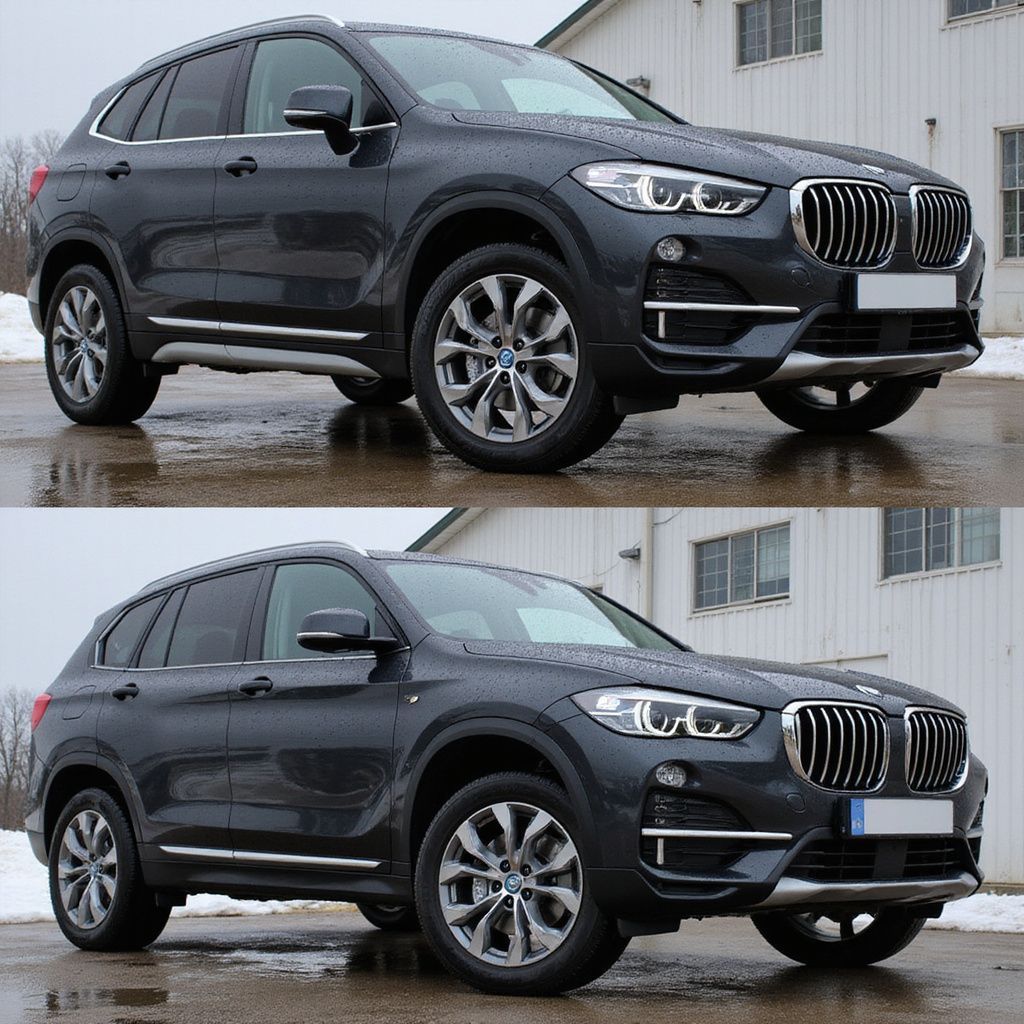Deux SUV BMW gris garés à l'extérieur, devant un bâtiment.