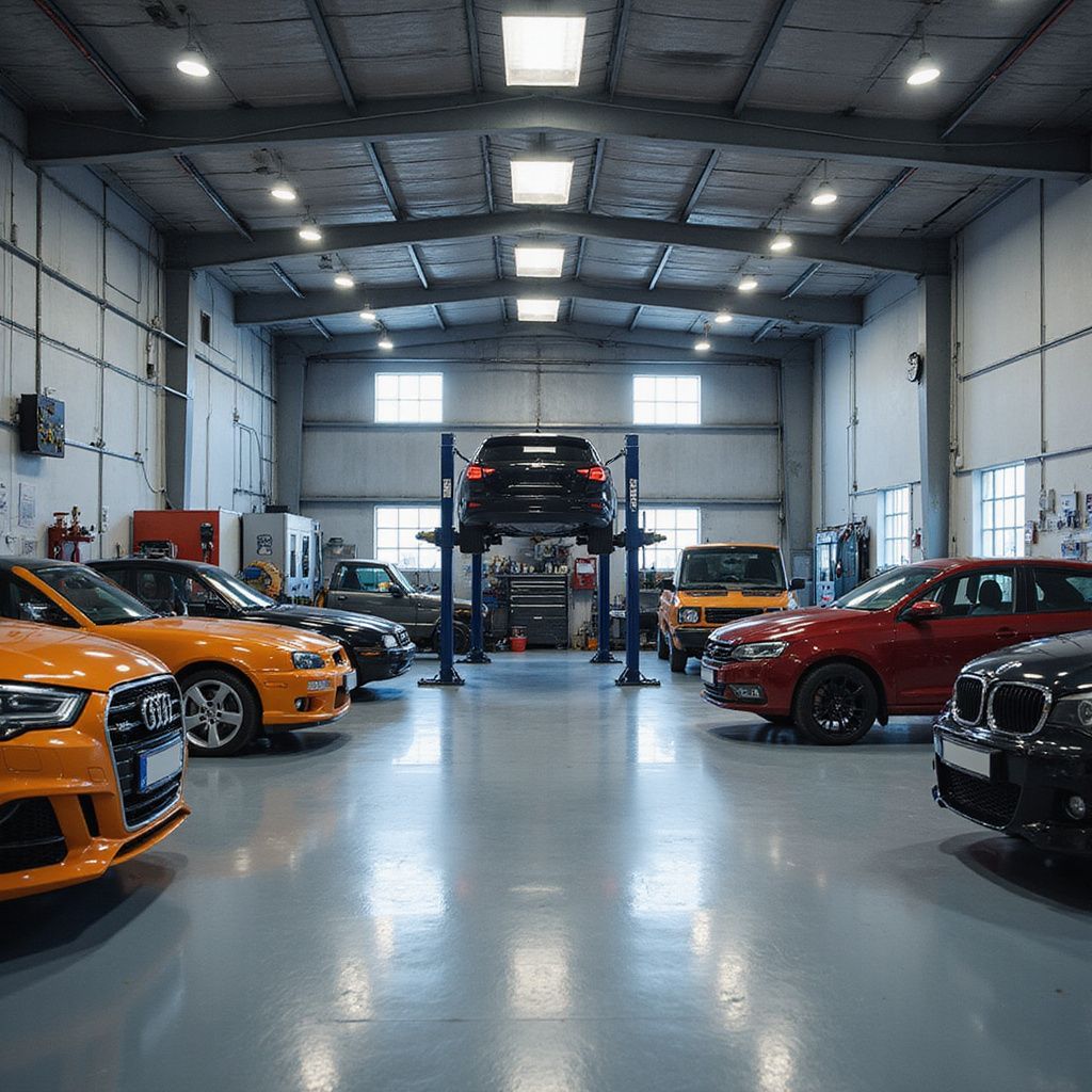 Voitures dans un atelier de réparation automobile ; une sur un pont élévateur, d'autres garées, éclairage vif.
