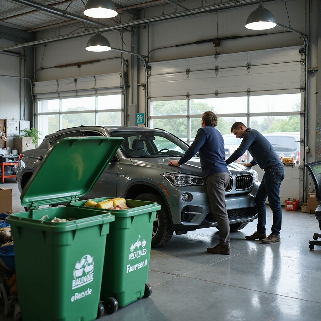 Deux hommes examinent un SUV gris dans un garage, à côté de conteneurs de recyclage verts.