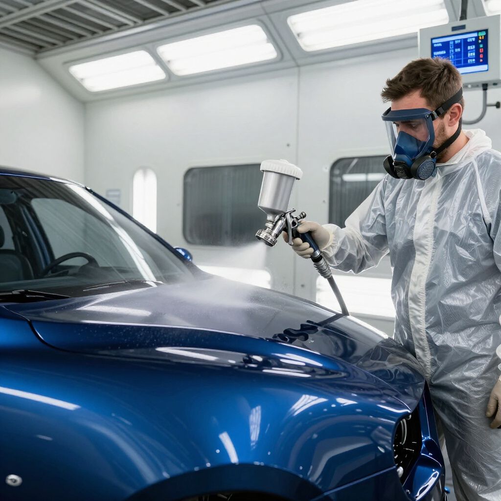 Une personne portant un équipement de protection pulvérise de la peinture sur une voiture bleue dans une cabine de peinture.