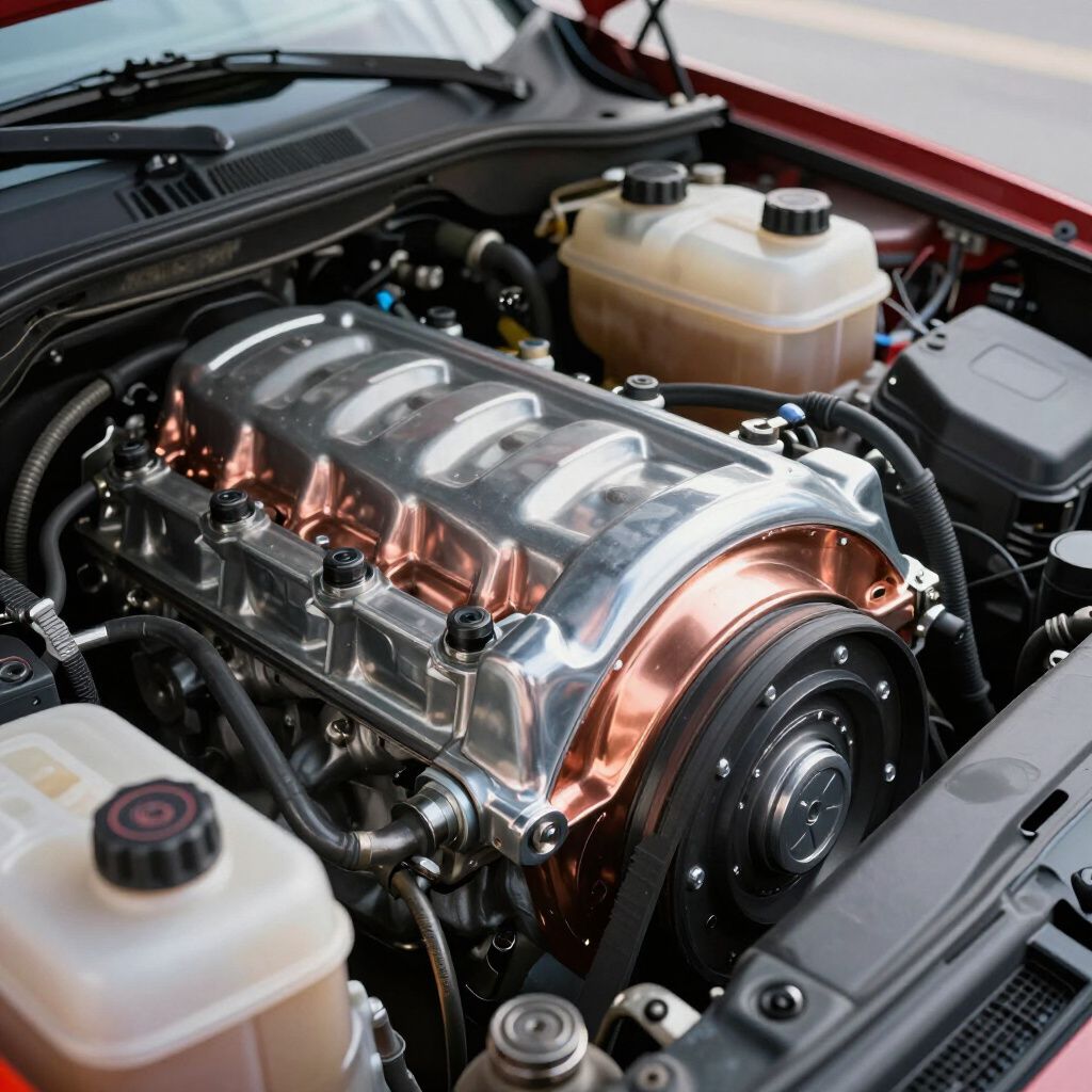 Gros plan sur le compartiment moteur d'une voiture, révélant un moteur personnalisé en argent et cuivre.