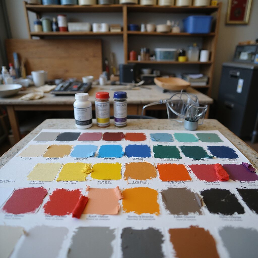 Palette de couleurs et pots de peinture sur une table dans un atelier de poterie, avec des étagères en arrière-plan.