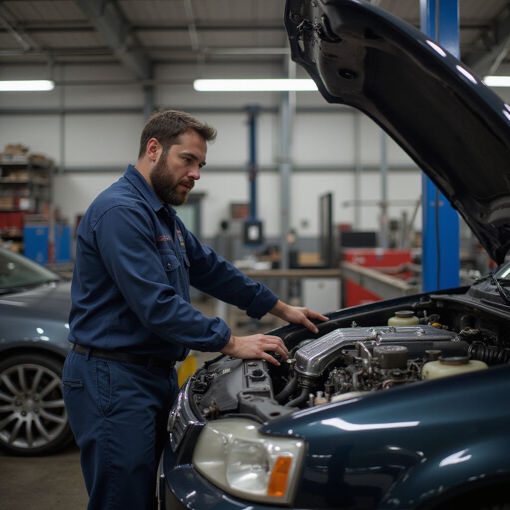 Un mécanicien examine le moteur d'une voiture dans un garage ; il porte un uniforme bleu et est concentré sur son travail.