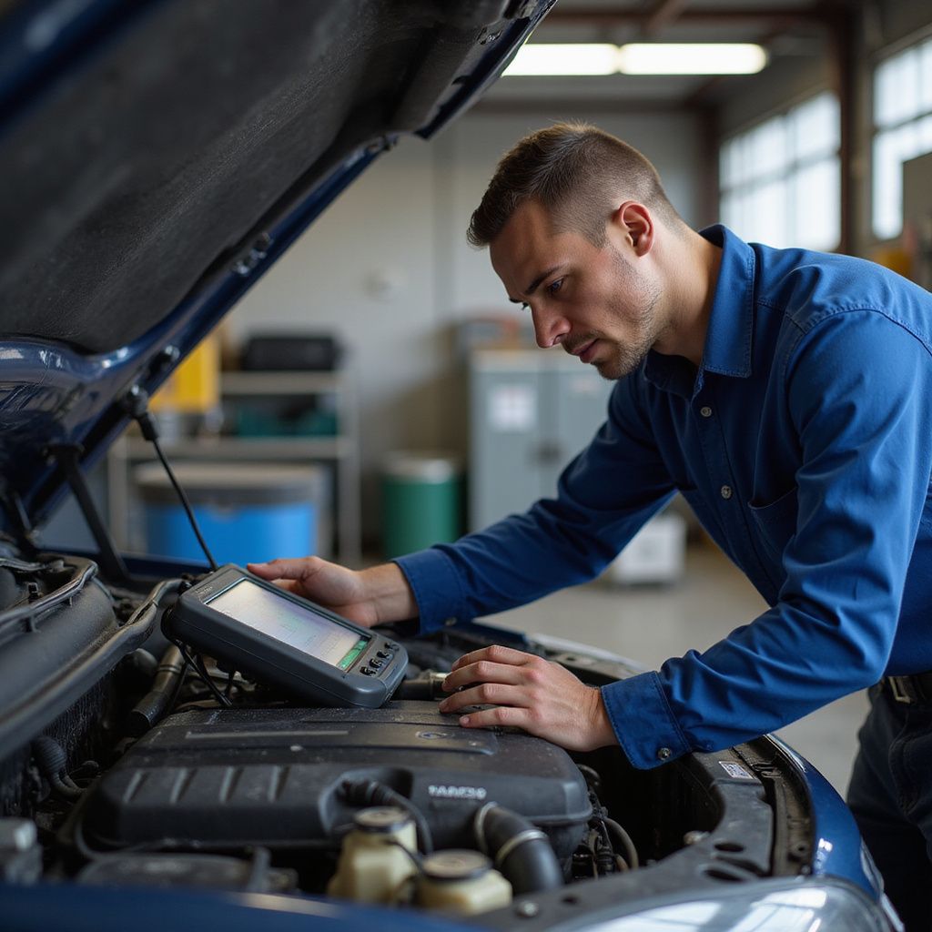 Un mécanicien utilise un outil de diagnostic sur un moteur de voiture dans un garage.