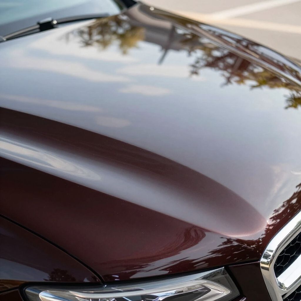 Capot de voiture bordeaux brillant avec reflets d'arbres et de ciel.