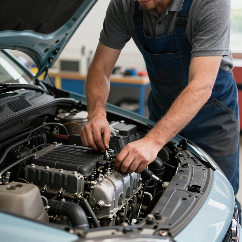 Dans un garage, une personne nettoie le moteur d'une voiture avec deux chiffons blancs.