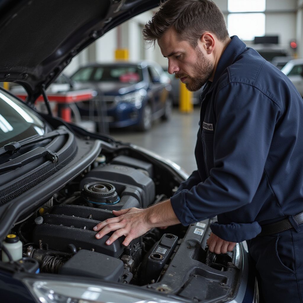 Un mécanicien en combinaison bleue examine le moteur d'une voiture dans un garage.