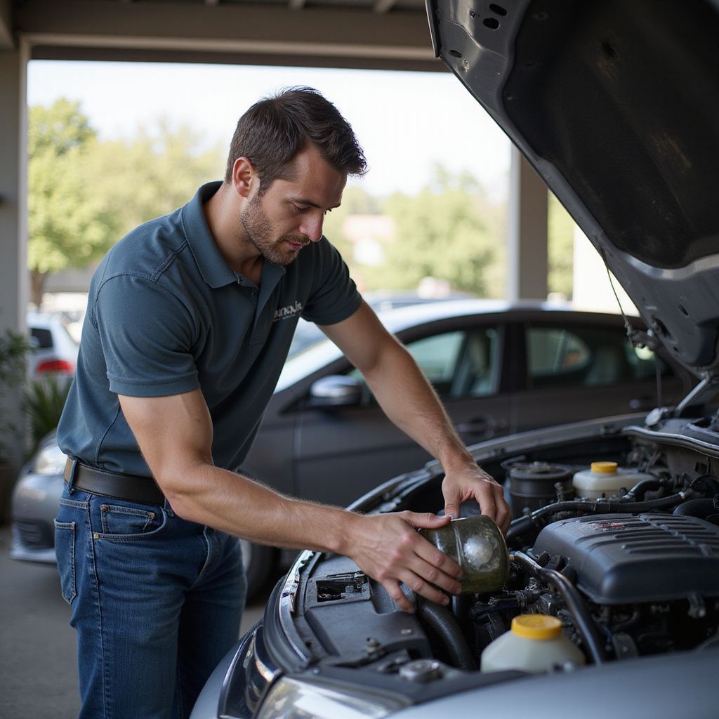 Un mécanicien en chemise grise et jean travaille sur le moteur d'une voiture dans un garage.