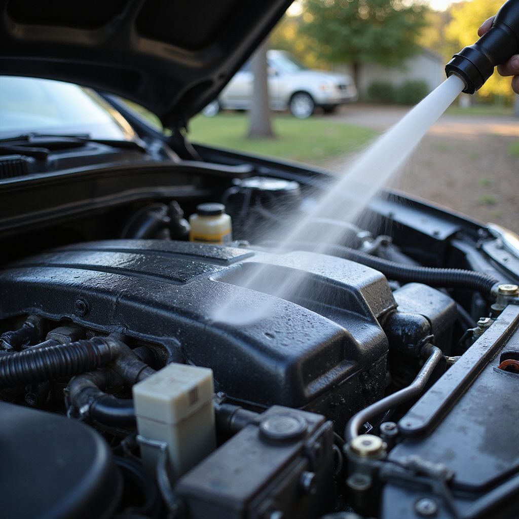 Laver un moteur de voiture au tuyau d'arrosage, l'eau pulvérisée sur les composants noirs du moteur.