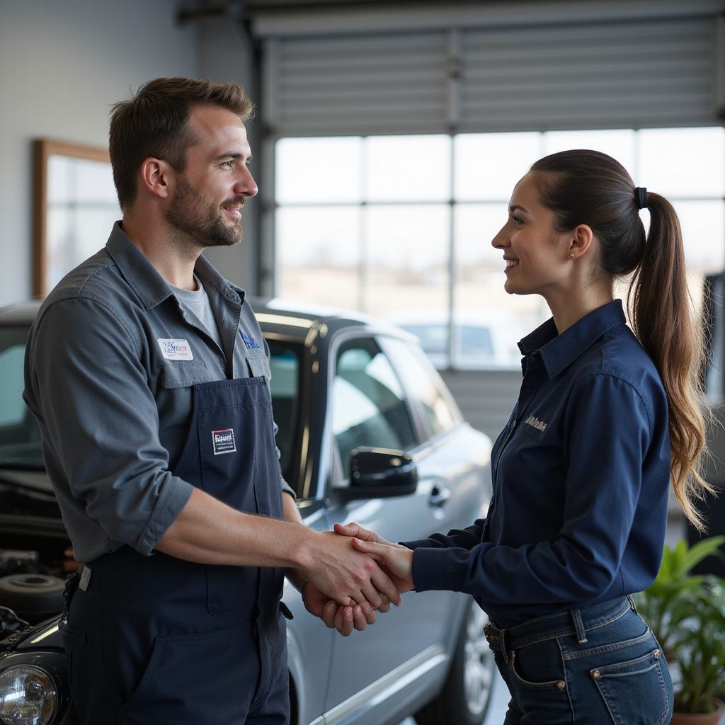 Un mécanicien serre la main d'un client dans un garage ; ils sourient et se regardent.