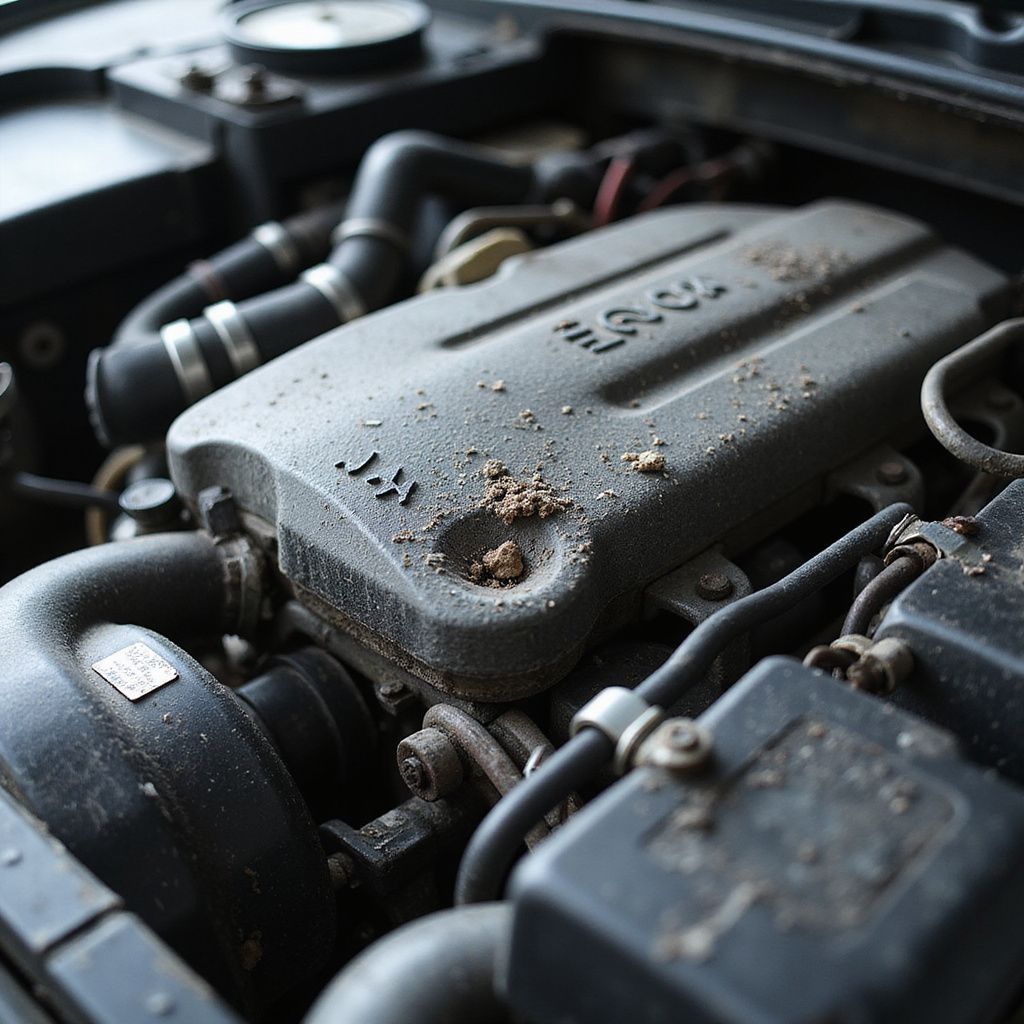 Gros plan sur un moteur de voiture poussiéreux avec l'inscription « ERC » dessus, entouré de courroies, de tubes et d'autres composants.
