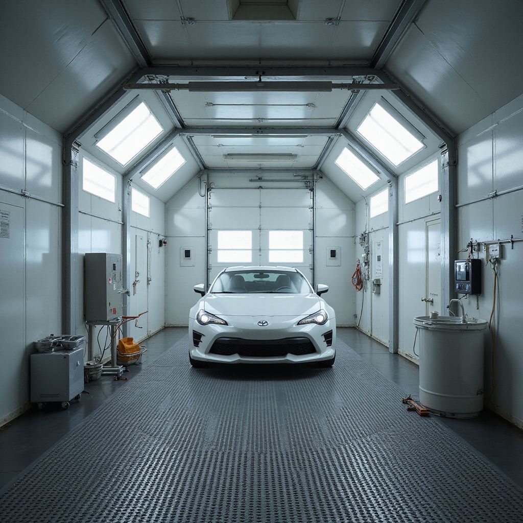 Voiture blanche dans un garage lumineux à l'allure industrielle et à l'éclairage symétrique.