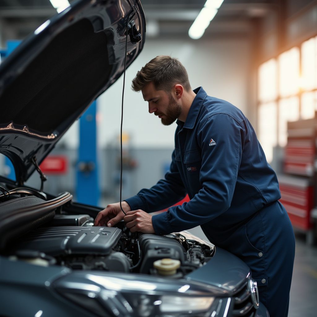 Un mécanicien en combinaison bleue inspecte le moteur d'une voiture dans un atelier automobile bien éclairé.