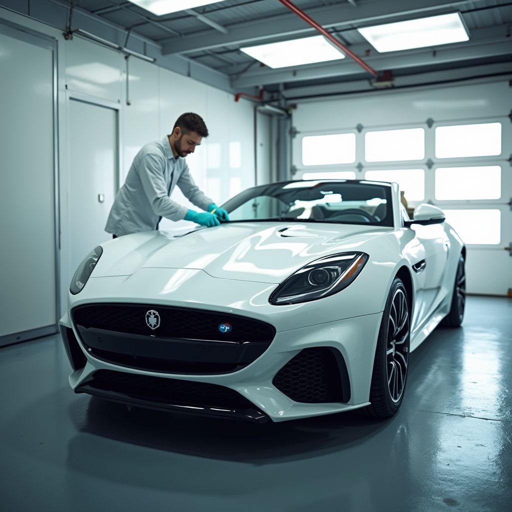 Un homme nettoie une voiture de sport blanche dans un garage avec des gants bleus.