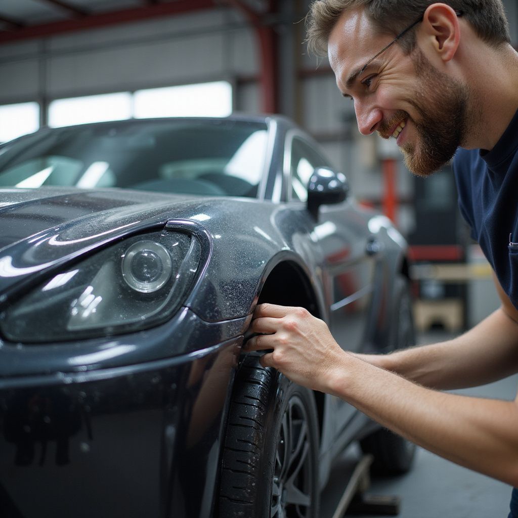 Un homme inspecte l'aile d'une voiture sombre dans un garage, en souriant.