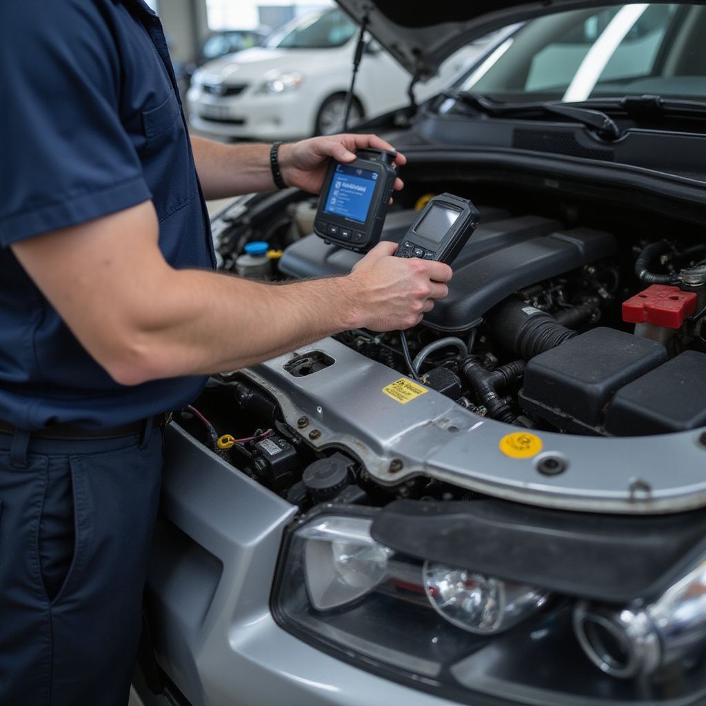 Un mécanicien utilise des outils de diagnostic sur un moteur de voiture dans un garage.