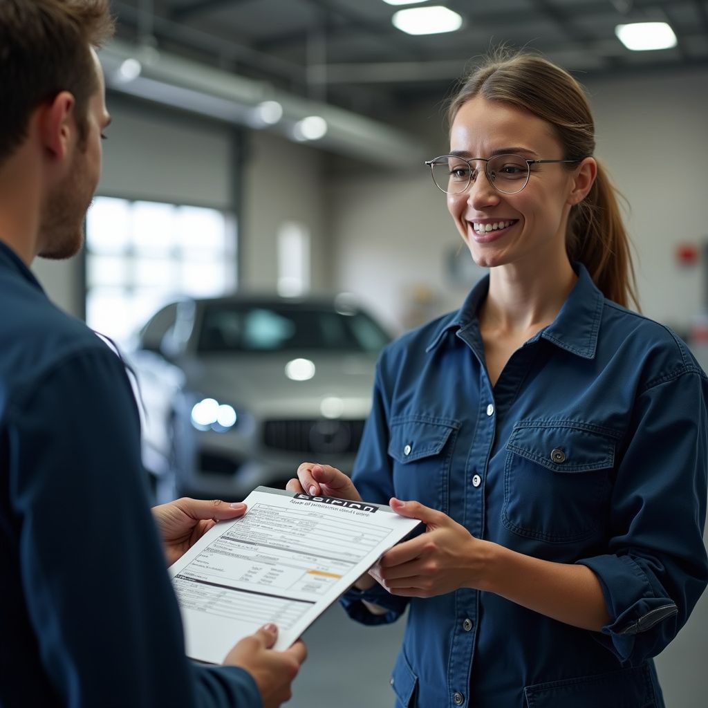 Une femme en chemise bleue, souriante, reçoit des papiers d'une personne dans un garage ; une voiture est visible en arrière-plan.