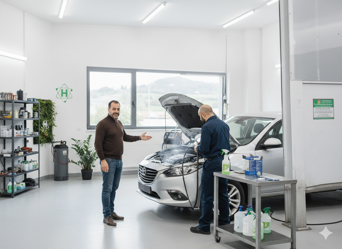Un homme désigne une voiture au capot ouvert tandis qu'un mécanicien travaille dans un garage bien éclairé.