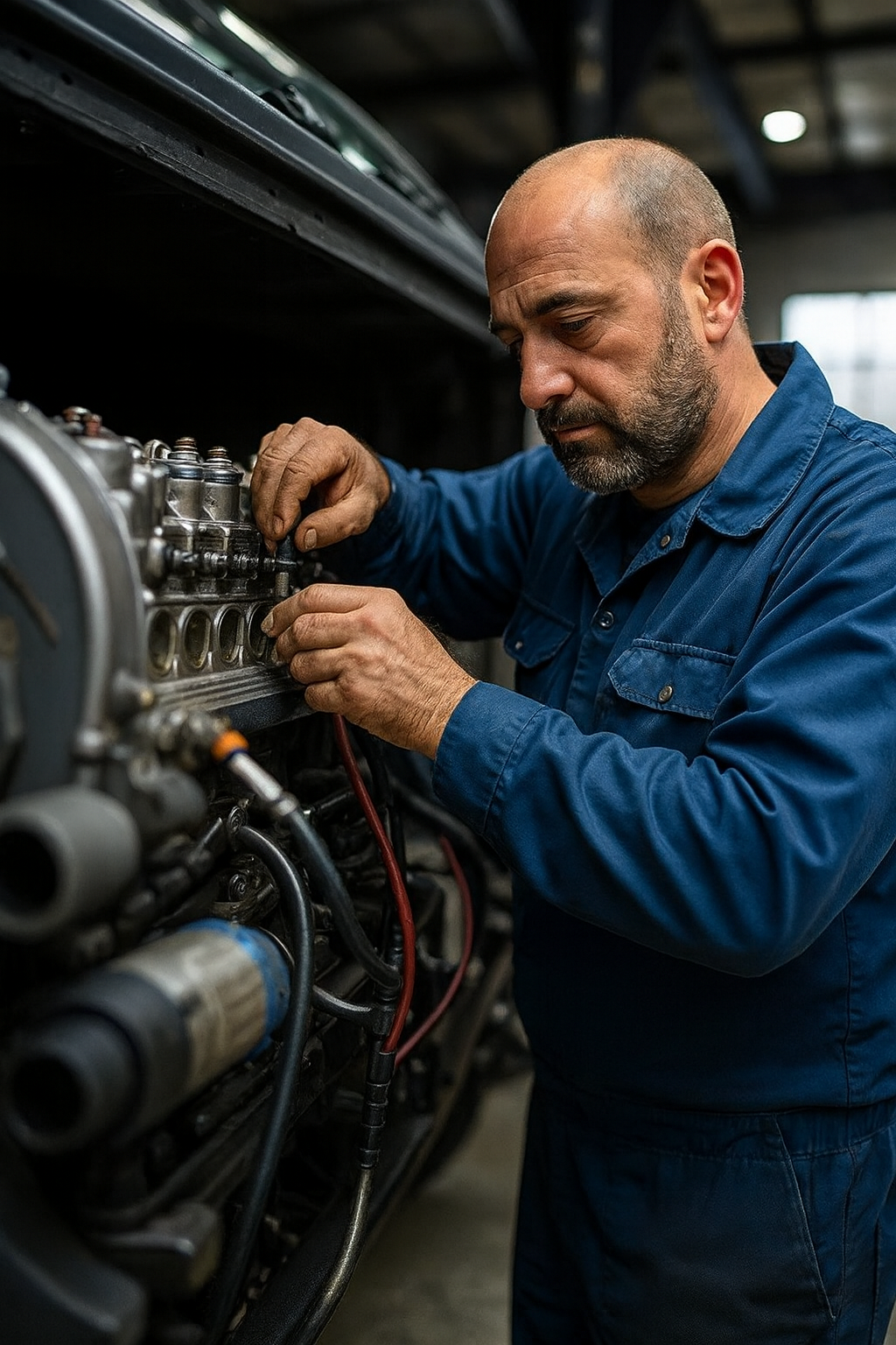 Un mécanicien en combinaison bleue travaille sur un gros moteur, tenant des câbles. Scène en intérieur.