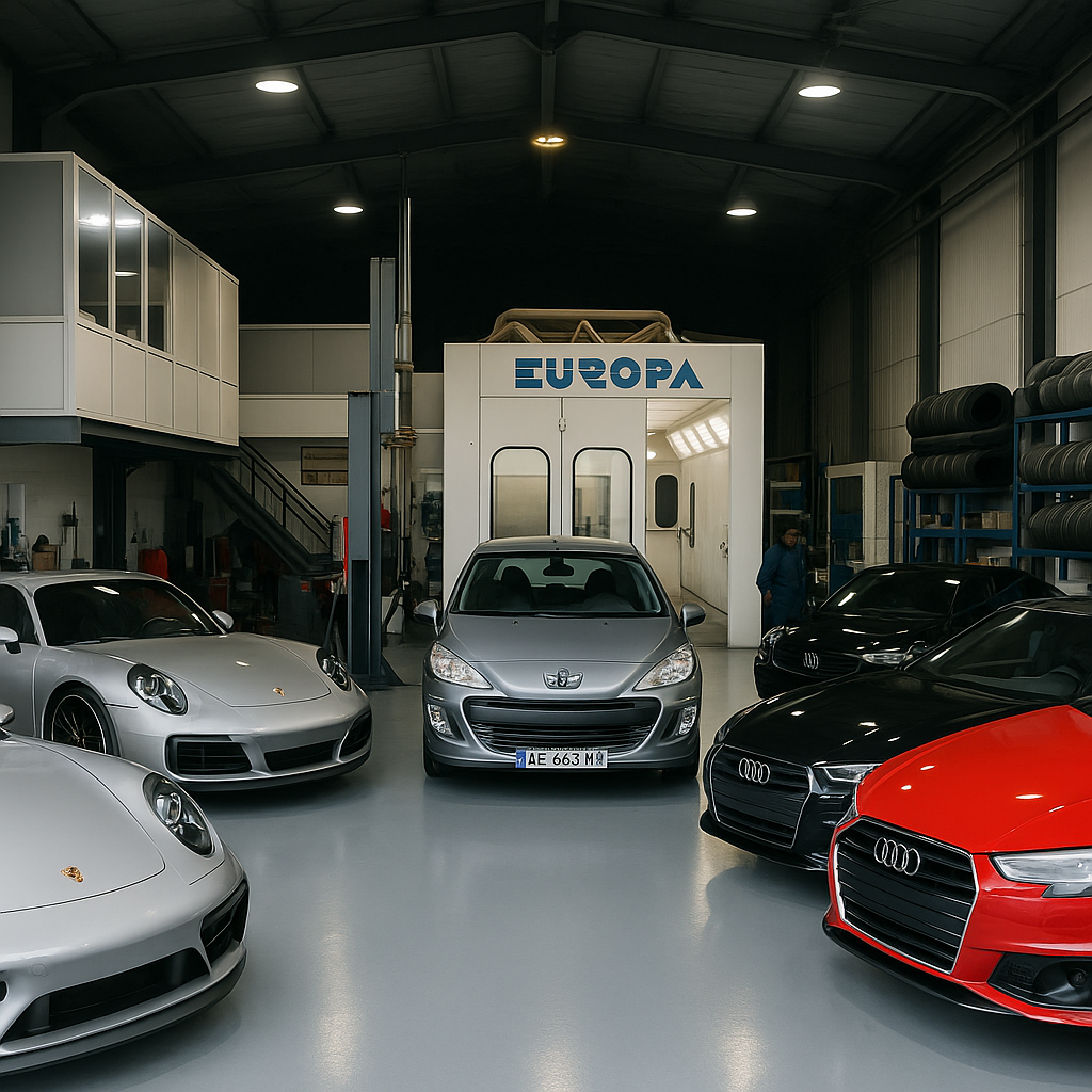 Des voitures dans un garage, dont des modèles Porsche et Audi, avec une Peugeot au centre et une cabine de peinture portant l'inscription « EUROPA ».