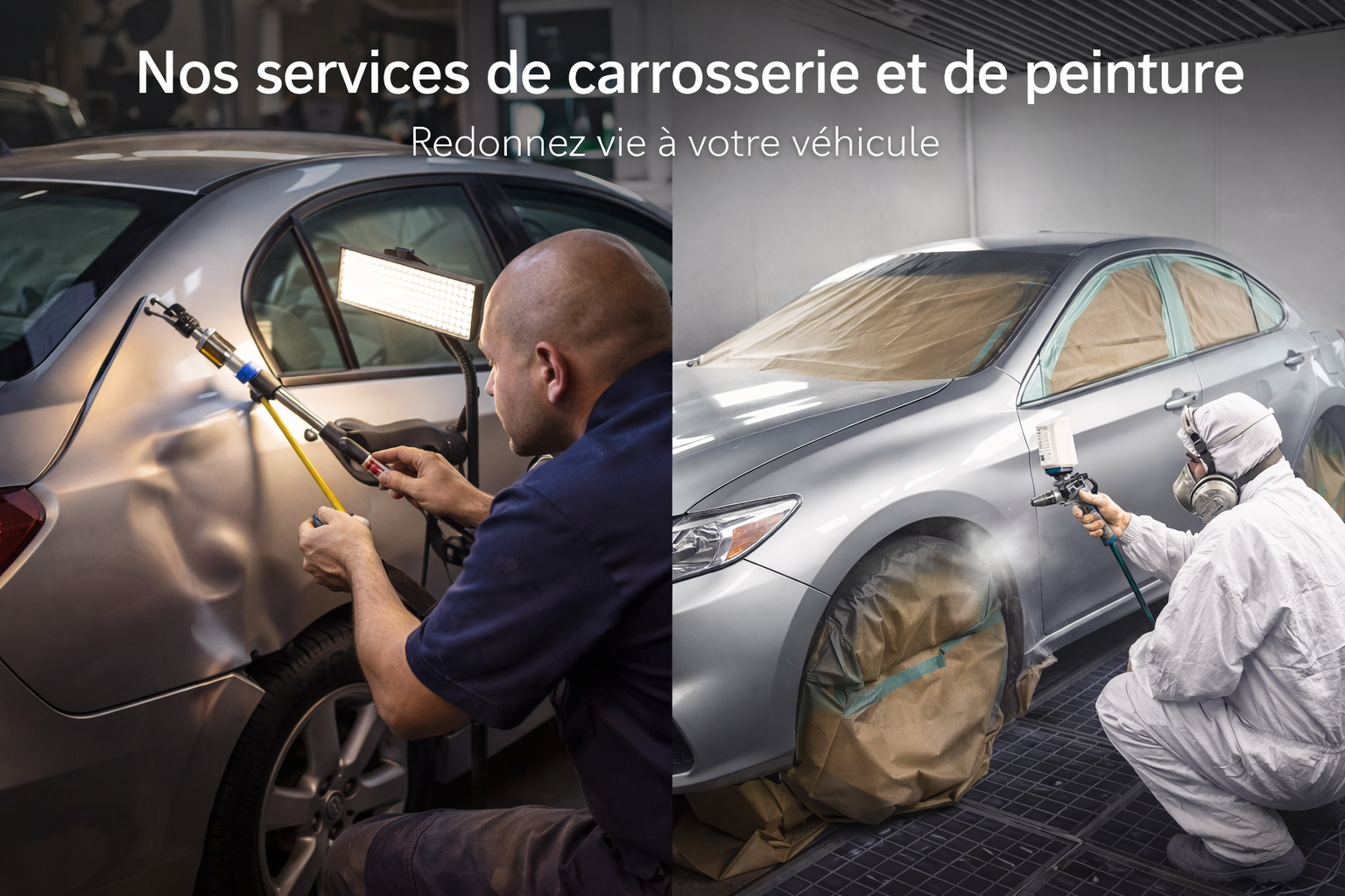 Voiture en réparation : un technicien inspecte une bosse, d’autres appliquent de la peinture dans une cabine de peinture.