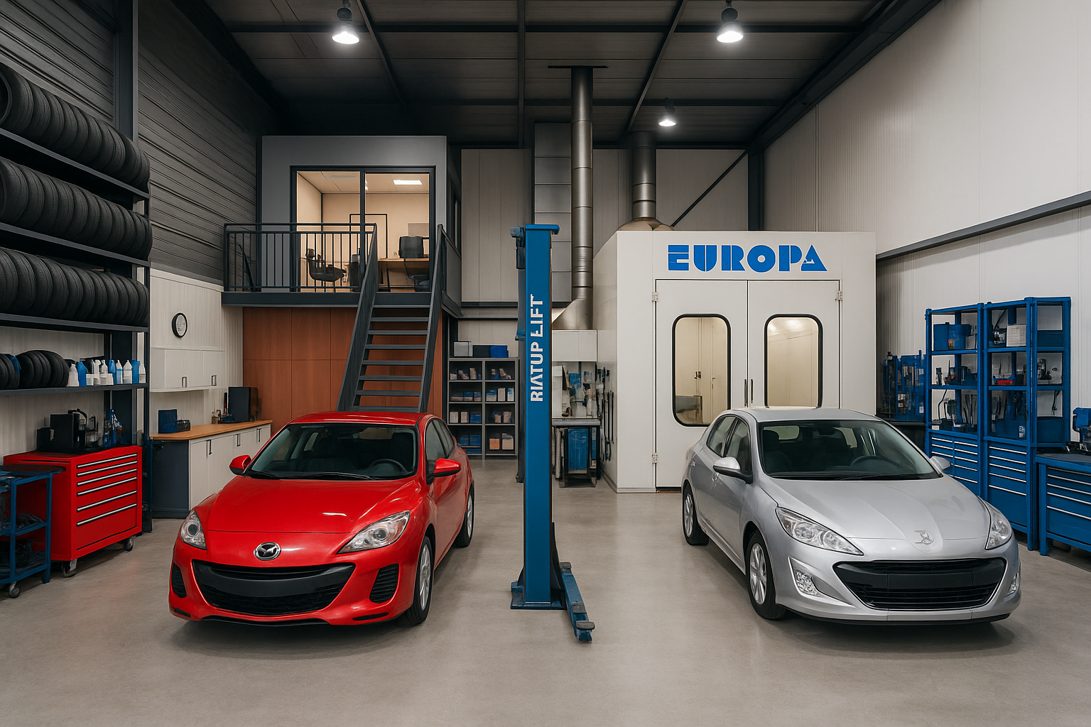 Une Mazda rouge et une voiture argentée dans un garage équipé d'un pont élévateur, d'une cabine de peinture et d'un espace bureau.