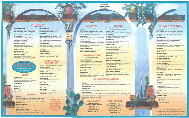Dinner Menu Mexican Village Restaurant Detroit, Michigan