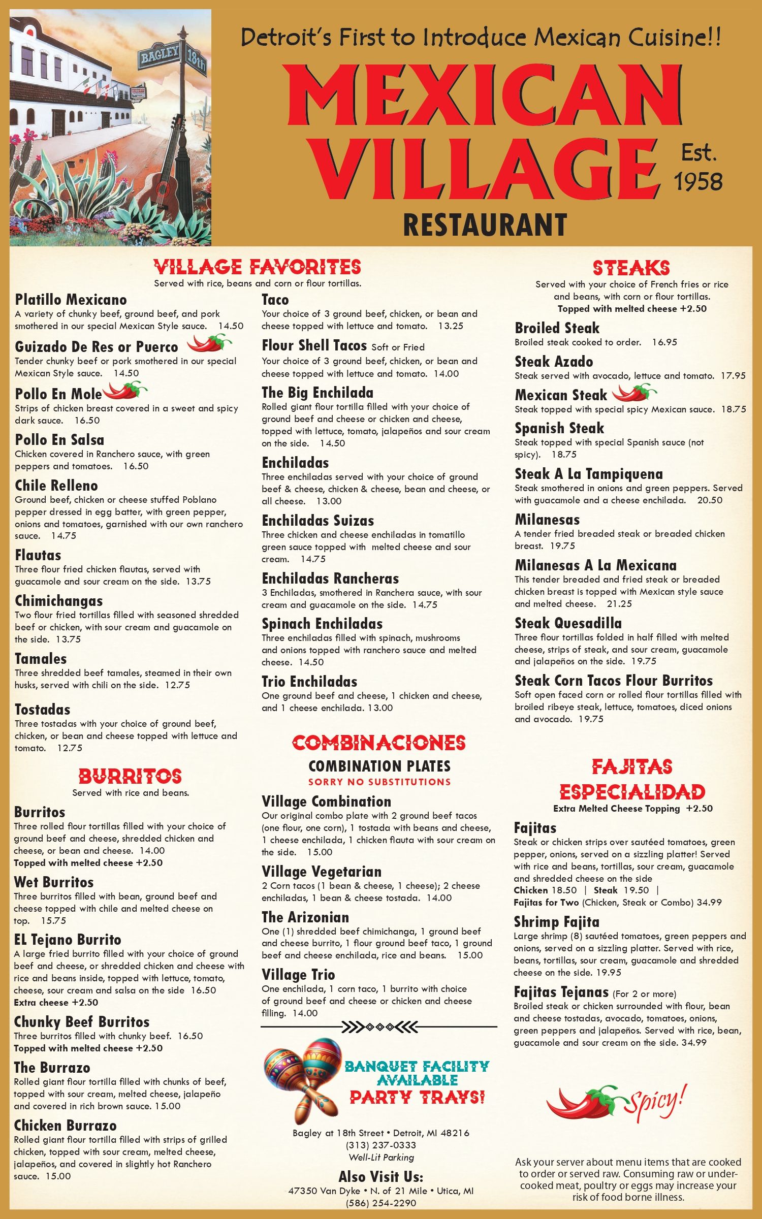 Dinner Menu - Detroit, MI - Mexican Village Restaurant