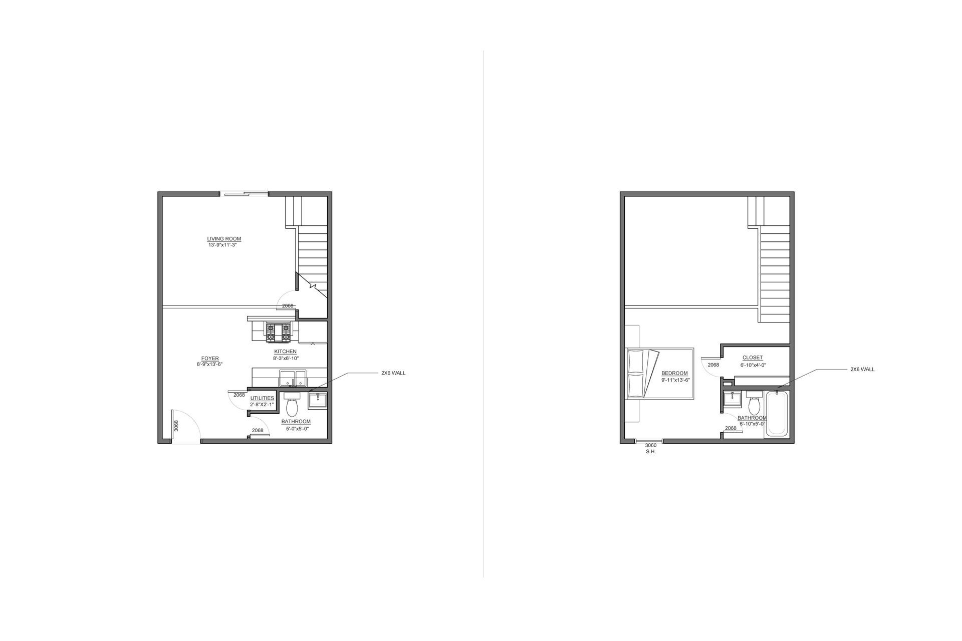 Two side-by-side black-and-white floor plan layouts of a small interior space.