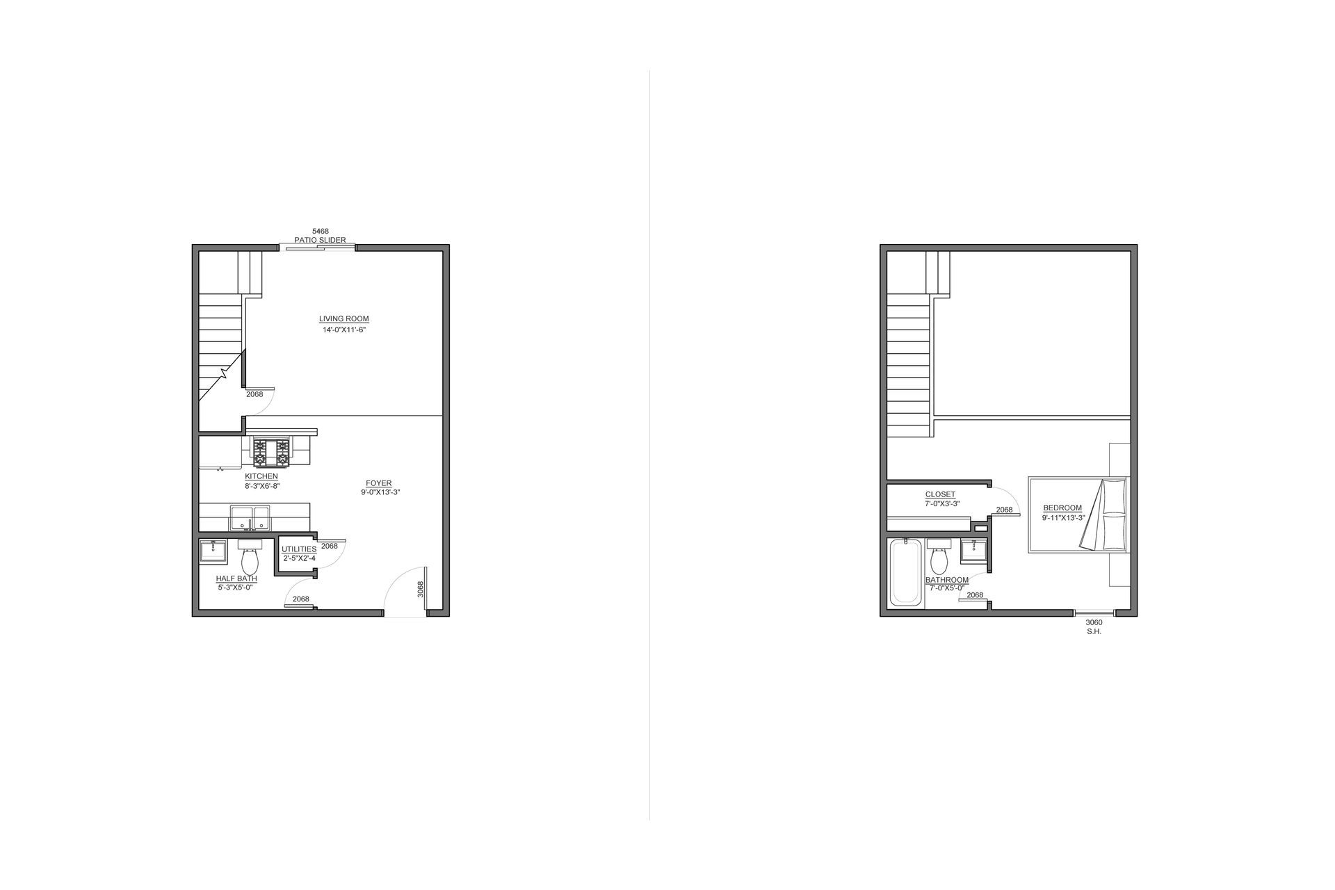 Two black-and-white floor plan layouts side by side on a white background