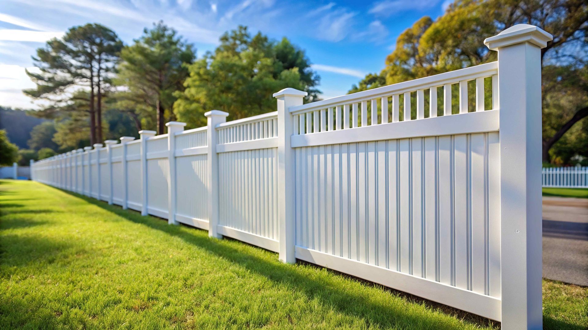A long white fence surrounds a lush green field.