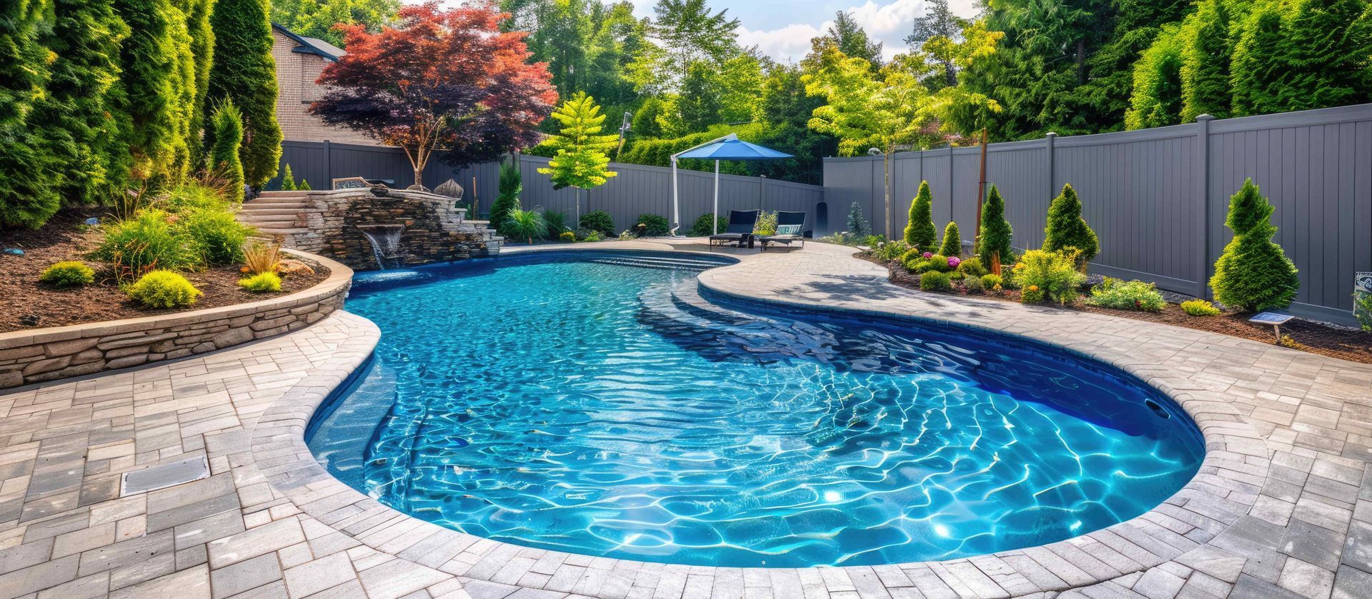 A large swimming pool is surrounded by a brick patio and a fence.