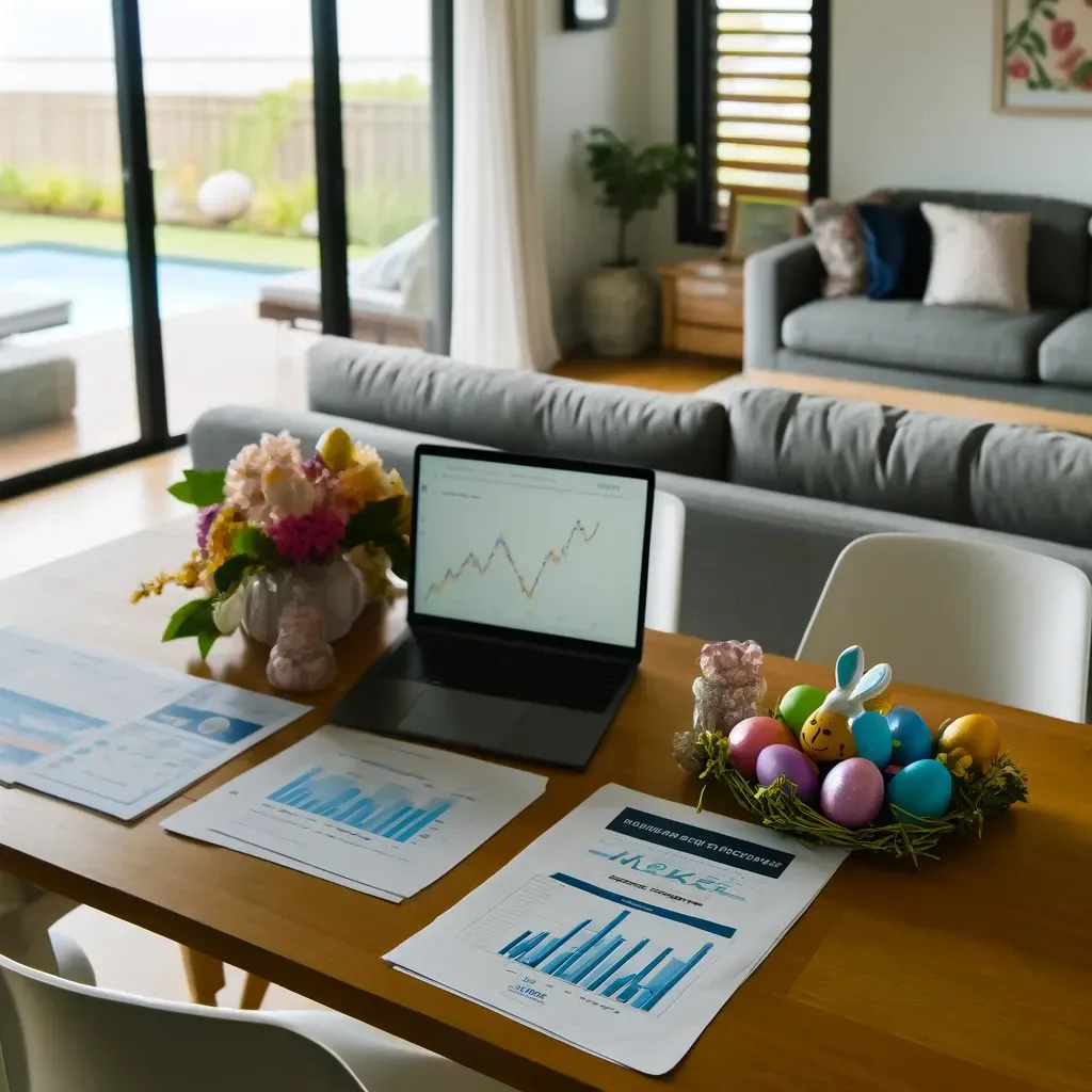 A table with a laptop and papers on it in a living room