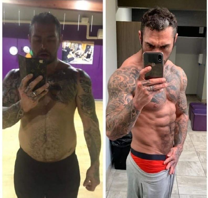 A before and after picture of a muscular man